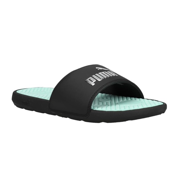 PUMA • Cool Cat Slide Sandals • Size 7 Womens • Black/Fair Aqua/Silver